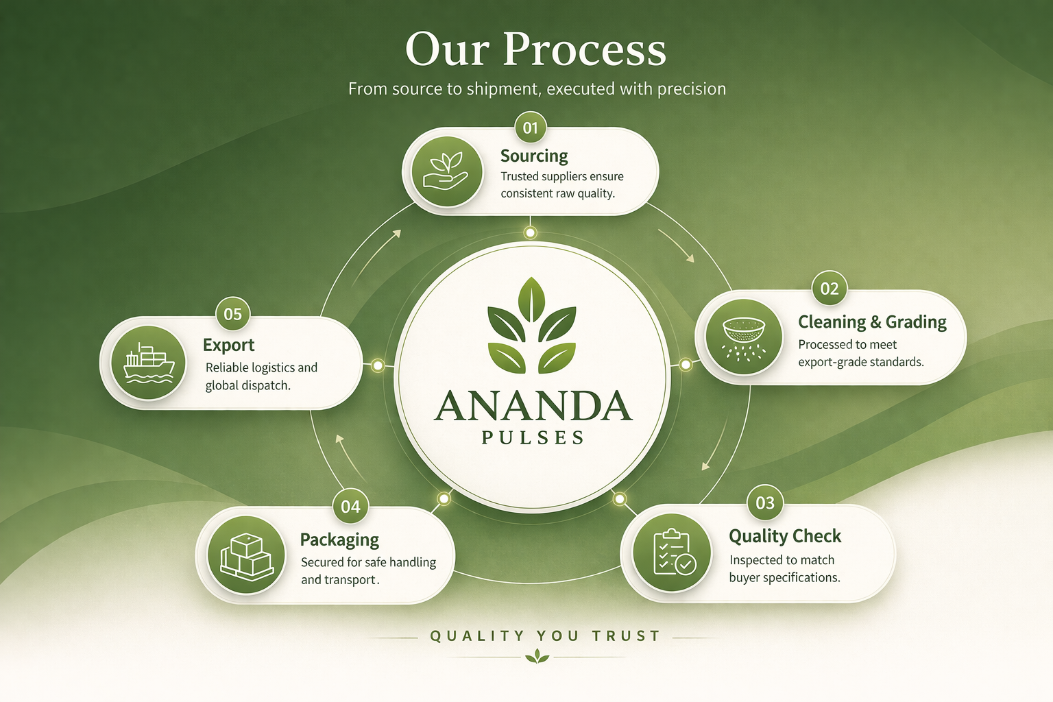 Ananda Pulses sourcing, cleaning and grading, quality check, packaging, and export process illustration